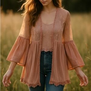 POL Boho‎ Lace Duster Cardigan LARGE Pink Sheer Embroidered Romantic Festival